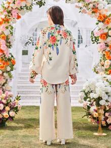 3 件套青少年女孩休闲套装：翻领开衫印花衬衫、修身短款吊带背心、印花阔腿裤，适合春夏、假日、夏季、旅行 - 彩色 - 查看 2