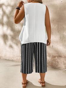 Breezaya 2 Pieces Set: Solid Color Tank Top And Striped Print Pants, Plus Size, Spring Break - Multicolor - View 2