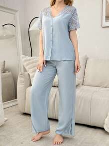 SHEIN Lace Patchwork Sheer Shoulder Open Front Short Sleeve Pajama Set - Baby Blue - View 5