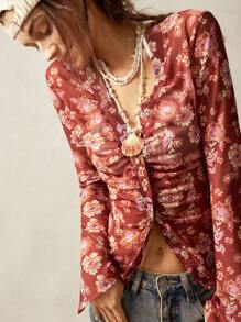 Bohemela Áo kiểu nữ cổ chữ V tay loe dệt kim ren phong cách Boho cổ điển, thích hợp cho kỳ nghỉ, kiểu dáng đơn giản, thời trang thường ngày. - màu nâu - Xem 4