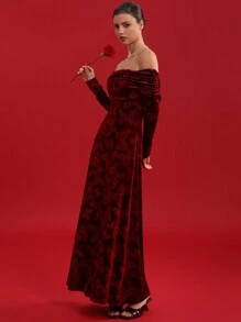 GENKIRA Vestido de fiesta con estilo romántico italiano para mujeres, vestido de terciopelo con manga larga con abertura en los hombros y diseño de jacquard con mariposa en la cintura - Multicolor - Ver 3
