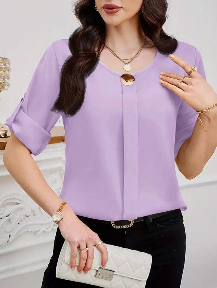 SHEIN Clasi 女士休闲简约时尚通勤衬衫 - 淡紫色 - 查看 1