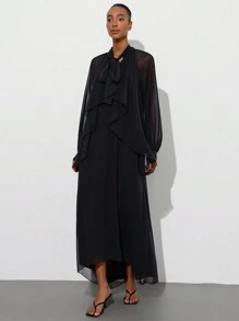 Aveloria Modichic Ladies' Spring Elegant Ruffle Collar Tie-Neck 2 In 1 Chiffon Long Sleeve Dress - Black - View 6