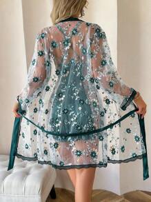 SilkySpell 2pcs/Set Floral Embroidery Sexy Camisole Nightgown And Robe, Fall Clothes - Dark Green - View 2