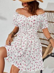 SHEIN VCAY High Waist Off Shoulder Ruffle Hem Summer Beach Dress For Women - White - View 5