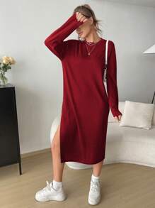 SHEIN Essnce Casual Solid Color Side Slit Oversized Drop Shoulder Dress - Burgundy - View 4