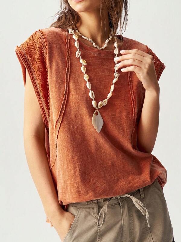 Bohemela BOHO Plain Knit Round Neck Sleeveless Loose Washing Women T-Shirt