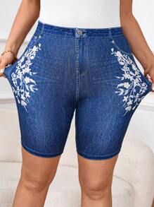 SHEIN Clasi Plus Size Summer Fashionable Simple Fitted Denim Effect Shorts