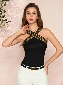 Amorya Printed Contrast Trim Halter Neck Tank Top For Women, Minimalist Casual Daily Fashion