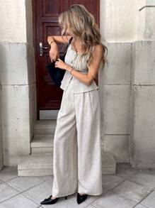 SHEIN Essnce Summer Women's Linen Suit Solid Color Minimalist Style Elegant Casual Commuter Suit Female - Apricot - View 5