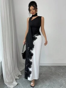 Elenzga Contrast Color Block Sequined Floral Decor Asymmetric Neck Long Dress - Black - View 6