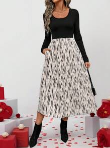 SHEIN LUNE 情人节女士紧身长袖T恤拼布印花不对称下摆中长连衣裙秋冬 - 彩色 - 查看 1