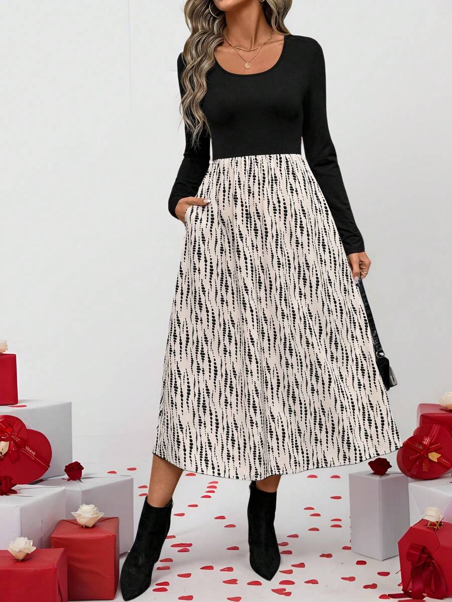 SHEIN LUNE 情人节女士紧身长袖T恤拼布印花不对称下摆中长连衣裙秋冬 - 彩色 - 查看 1