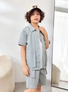 SHEIN 2pcs/Set Boys Casual Loose Fit Shirt With 3D Pockets And Shorts Set - Grey - View 5
