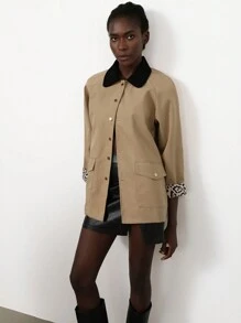 Aveloria Modichic Young Casual Knit Patchwork Collar Metal Button Front Insulated Lining Raglan Sleeve Women Mid-Length Regular Jacket - Khaki - View 5