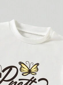 SHEIN 年轻女孩字母与蝴蝶印花短袖 T 恤和工装裤休闲 2 件套 - 粉色 - 查看 5