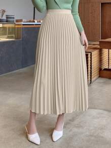 DAZY Elegant Solid Pleated Ladies' A-Line Skirt, Spring/Summer - Apricot - View 3