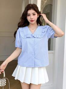 DAZY Áo sơ mi nữ tay lỡ xếp nếp sọc - Màu xanh lam - Xem 4