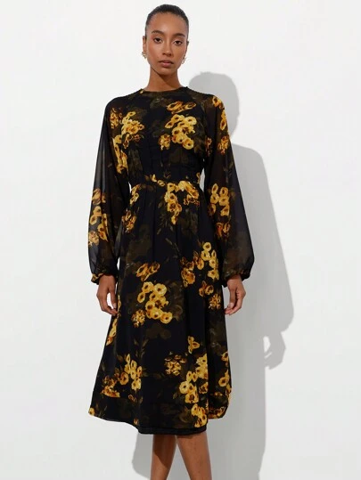 SHEIN Privé 优雅深色底色亮色花卉印花雪纺圆领褶皱腰长袖连衣裙