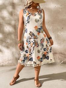 EMERY ROSE Váy xòe hoa cổ điển cỡ lớn cho nữ, co giãn thoải mái, mùa xuân/hè - Màu be - Xem 3