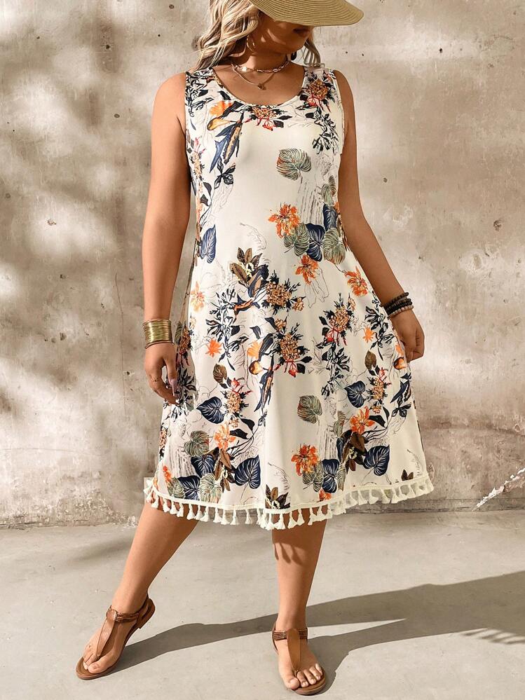 EMERY ROSE Váy xòe hoa cổ điển cỡ lớn cho nữ, co giãn thoải mái, mùa xuân/hè - Màu be - Xem 3