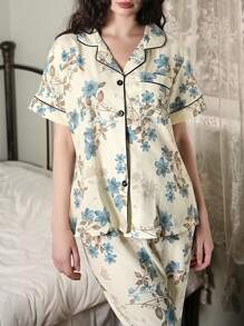 女式花卉印花翻领口袋短袖和长裤睡衣套装 - 彩色 - 查看 1