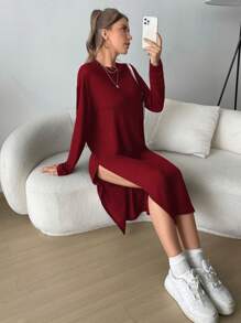 SHEIN Essnce Casual Solid Color Side Slit Oversized Drop Shoulder Dress - Burgundy - View 3