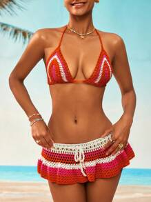 Swim Mod 女士可爱彩色钩针比基尼罩衫套装，适合夏季海滩度假