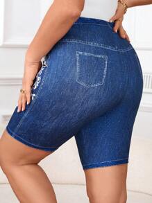 SHEIN Clasi Plus Size Summer Fashionable Simple Fitted Denim Effect Shorts