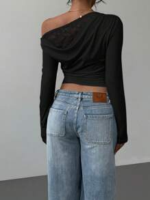 Siren Gaze Autumn Solid Color Asymmetrical Neck Lace Splicing Cowl Collar Long-Sleeved Women's T-Shirt Lace Long-Sleeved T-Shirt For Women Casual Holiday Women New Years Y2k Top Winter Black Spring - Black - View 2