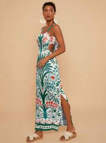 Travachic 女式针织印花细肩带腰部镂空紧身连衣裙