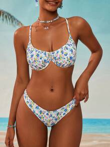 SHEIN Swim 女士春夏假期甜美碎花 PUSH UP 支撑钢圈比基尼套装