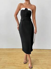 Chiquease 女士优雅通勤风格撞色纽扣长裙，春夏