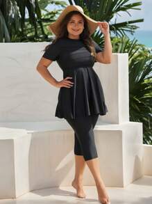 Swim Mulvari Plus Size Solid Color Short Sleeve Burkini Swim Suit Black Two Pieces Set Summer Arabic Clothing - Black - View 4