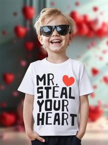 Heart & Letter Print Short Sleeve T-Shirt, Valentine's Day Gift For Young Boy - White - View 3