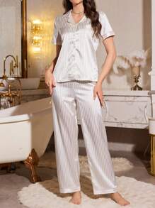 LuxeNights 2件套撞色翻领仿丝条纹提花短袖上衣和长裤睡衣套装 - 白色 - 查看 3