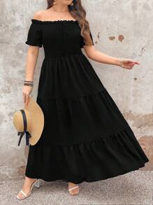 SHEIN Clasi Đầm nữ thanh lịch, cổ điển, đơn giản, đa năng, bán chạy nhất, chất liệu vải xếp ly, trang trí nơ, eo chun, thiết kế gấu xòe, màu đen, cỡ lớn, phù hợp cho mùa xuân, hè, thu. - màu đen - Xem 5