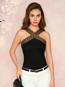 Amorya Printed Contrast Trim Halter Neck Tank Top For Women, Minimalist Casual Daily Fashion