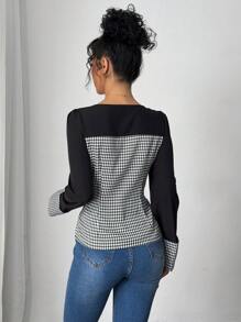 Chiquease Single Breasted Square Collar Solid Color Patchwork Houndstooth Shirt - Black and White - View 2