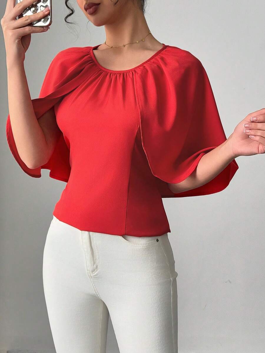 Chiquease Women's Loose Fit Round Neck Fashionable Red Poncho Blouse