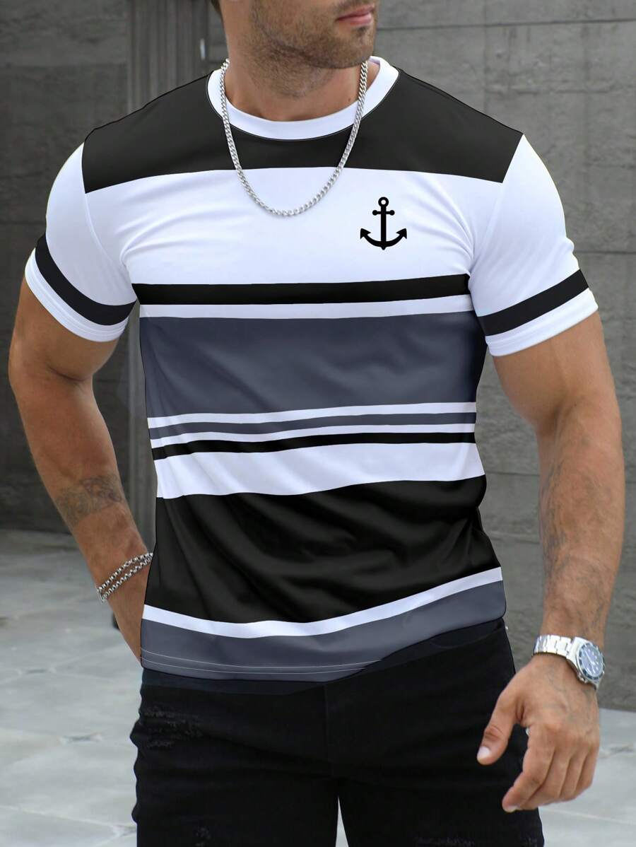 Manfinity Dauomo Men's Striped Print Round Neck Short Sleeve Casual T-Shirt - Multicolor - View 1