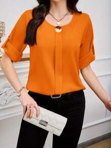 SHEIN Clasi 女士简约纯色卷袖休闲办公衬衫 - 亮橙色 - 查看 4