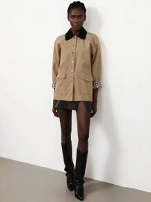 Aveloria Modichic Young Casual Knit Patchwork Collar Metal Button Front Insulated Lining Raglan Sleeve Women Mid-Length Regular Jacket - Khaki - View 3