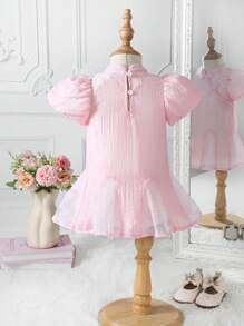 SHEIN Baby Girl Button Design Sweet Han-Style Princess Dress, Spring/Summer