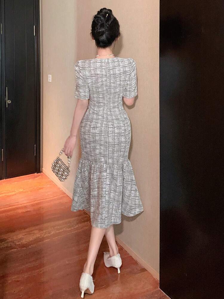 Plaid Round Neck Fishtail Midi Dress Prom Dress Elegant,Ruffle,Back To School Clothes