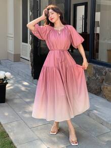 DAZY 渐变色褶皱腰带女式中长连衣裙，休闲女式连衣裙 - 粉色 - 查看 5