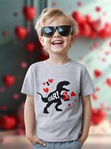 SHEIN Young Boy Heart & Dinosaur Print Round Neck Casual Short Sleeve T-Shirt - Grey - View 1