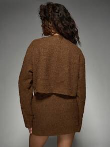 MISSGUIDED Cozy Teddy Bear Boucle两件套纽扣-前开衫迷你裙坐标模糊冬季家居服套装派对晚装 - 咖啡棕 - 查看 2