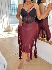 Plus Size Two-Tone Lace Ruffle Patchwork Side High Slit Nightgown