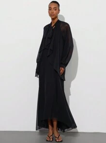 Aveloria Modichic Ladies' Spring Elegant Ruffle Collar Tie-Neck 2 In 1 Chiffon Long Sleeve Dress - Black - View 3